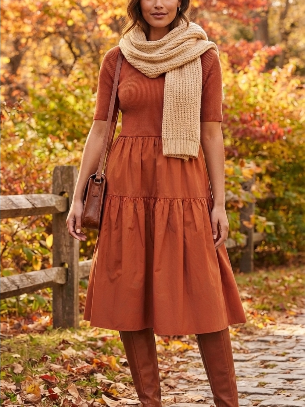 Women's Brown Ribbed Top & Tiered Skirt Dress with Belt